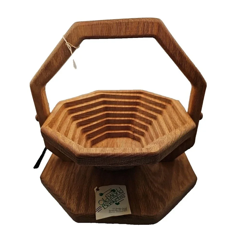 Vintage Old World Market Collapsible Wooden Basket Handcrafted In KY Red Oak NWT